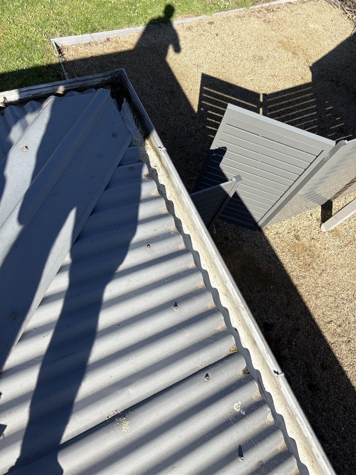 Cleared roof gutter photographed on a First Kill Pest Control job