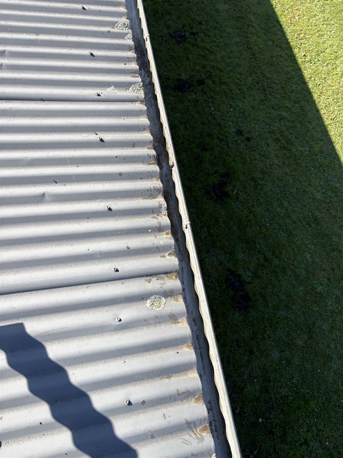 Cleared gutter alongside a corrugated metal roof